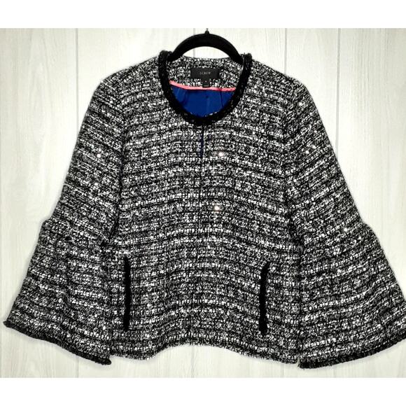J.CREW Women's Belle Lady Jacket in Sequin Tweed Sz 4 Black Multi Bell Sleeve - Picture 1 of 11